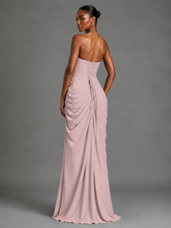 Strapless Bodycon Pleated Chiffon Formal Dress with Slit