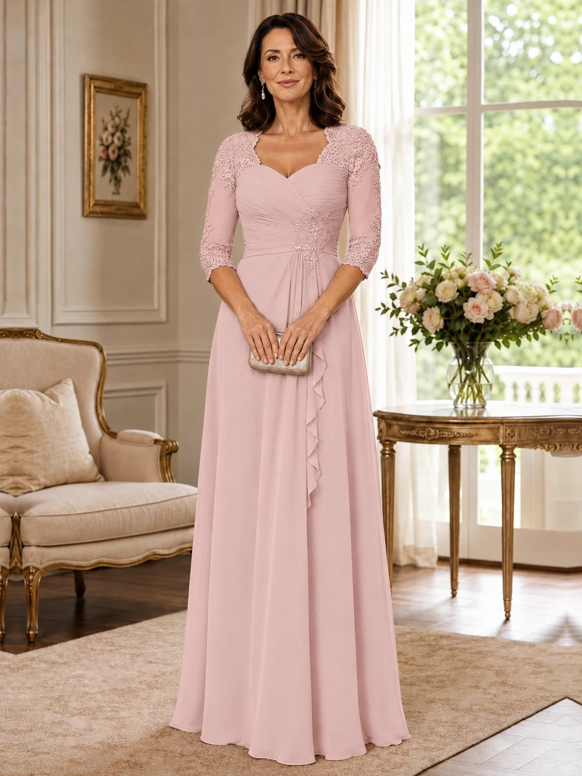 Chiffon Lace Applique Mother of the Bride Dress with 3/4 Sleeves