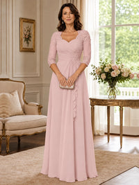 Chiffon Lace Applique Mother of the Bride Dress with 3/4 Sleeves