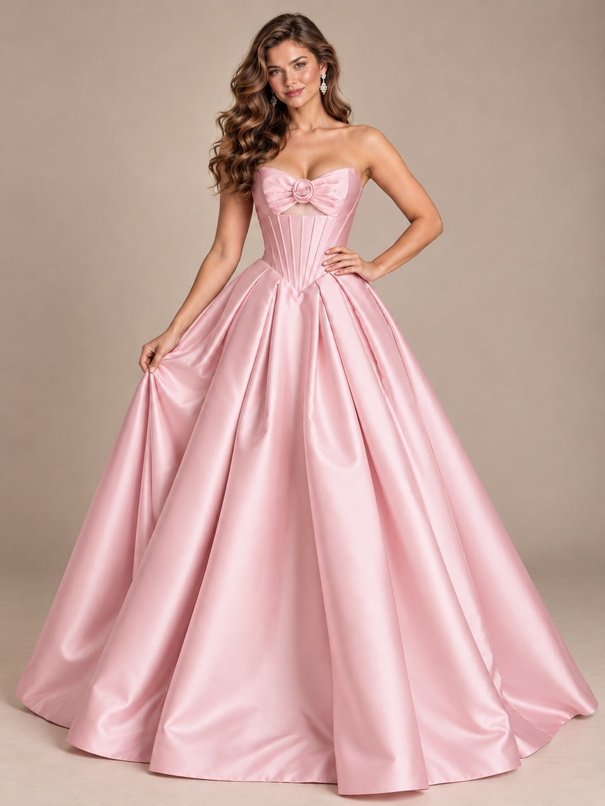 Pink Strapless Corset Satin Prom Derss & Ball Gown with 3D Floral