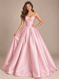 Pink Strapless Corset Satin Prom Derss & Ball Gown with 3D Floral