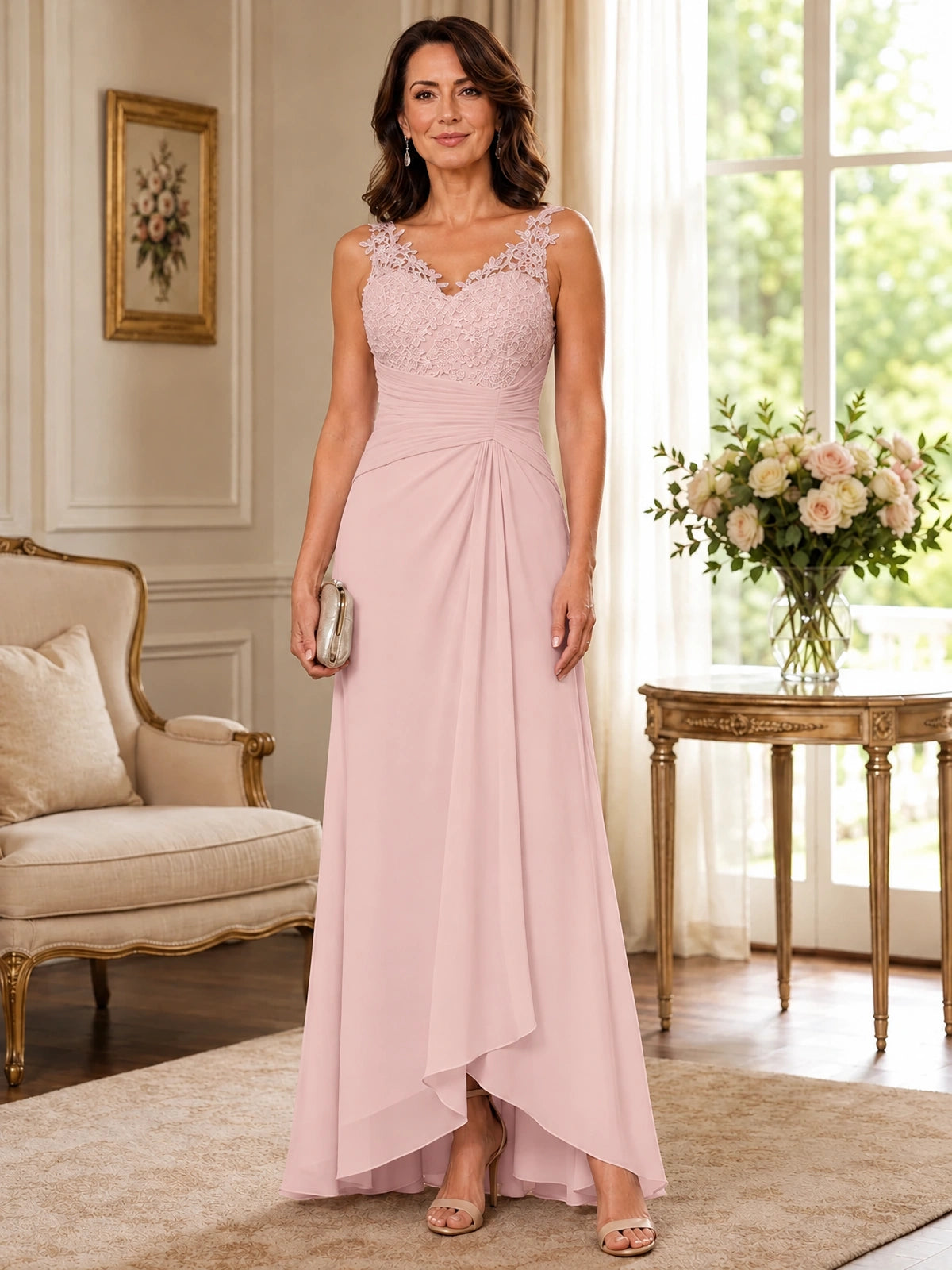 Elegant Chiffon Mother of the Bride Dress with Lace Applique and Cape Sleeves