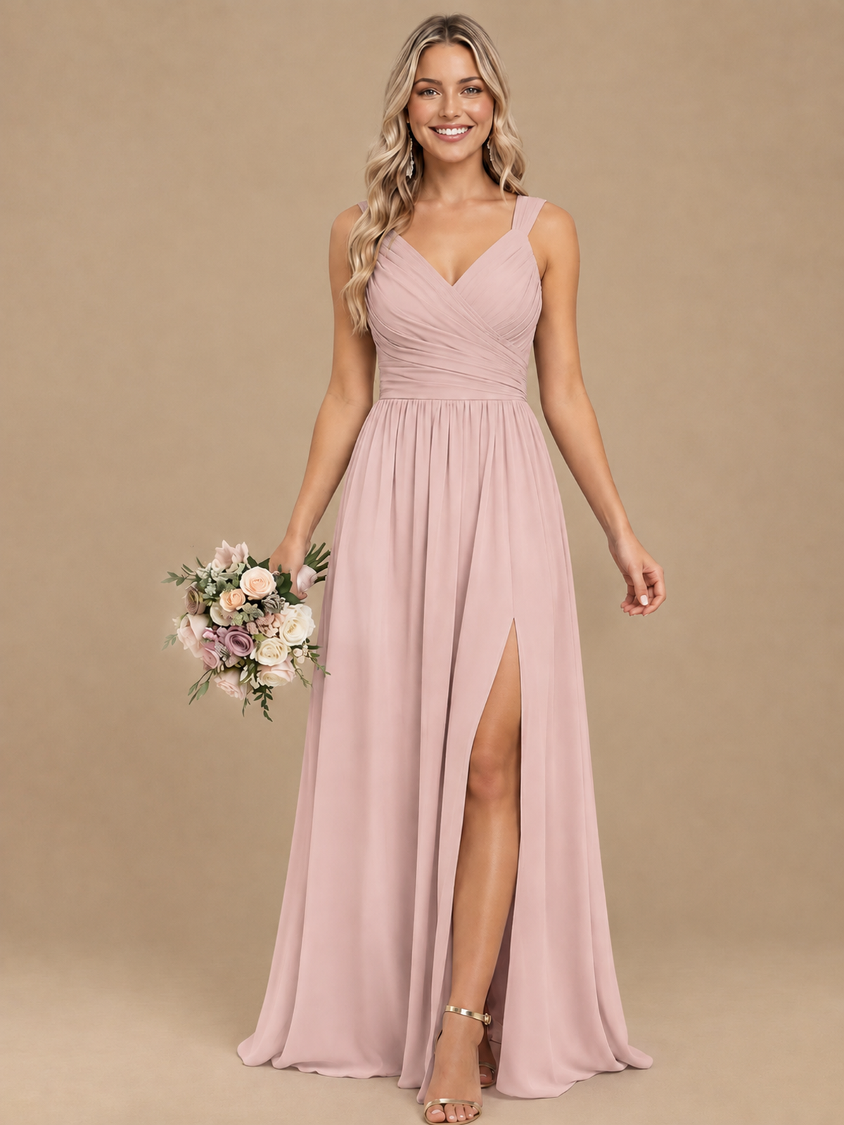 Pleated Chiffon V Neck Wedding Bridesmaid Dresses Floor Length with Slit