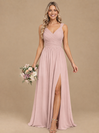 Pleated Chiffon V Neck Wedding Bridesmaid Dresses Floor Length with Slit