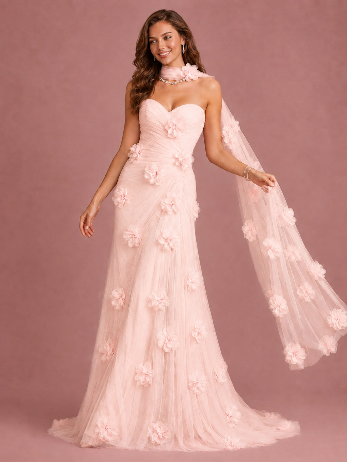 Blush Pink Strapless Sweetheart 3D Floral Tulle Mermaid Prom Dress