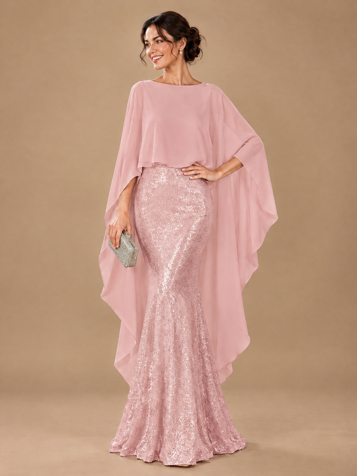 Sequin 2 Pieces Mother of the Bride Dress with Cap Sleeves Chiffon Formal Gowns