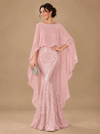 Sequin 2 Pieces Mother of the Bride Dress with Cap Sleeves Chiffon Formal Gowns