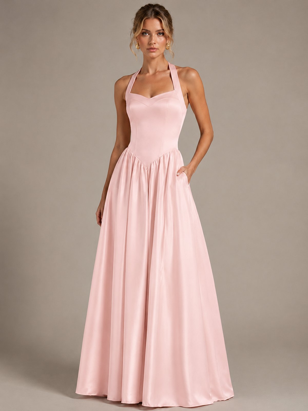 Light Yellow Halter Neck Satin A-Line Maxi Dress with Pockets