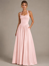 Light Yellow Halter Neck Satin A-Line Maxi Dress with Pockets