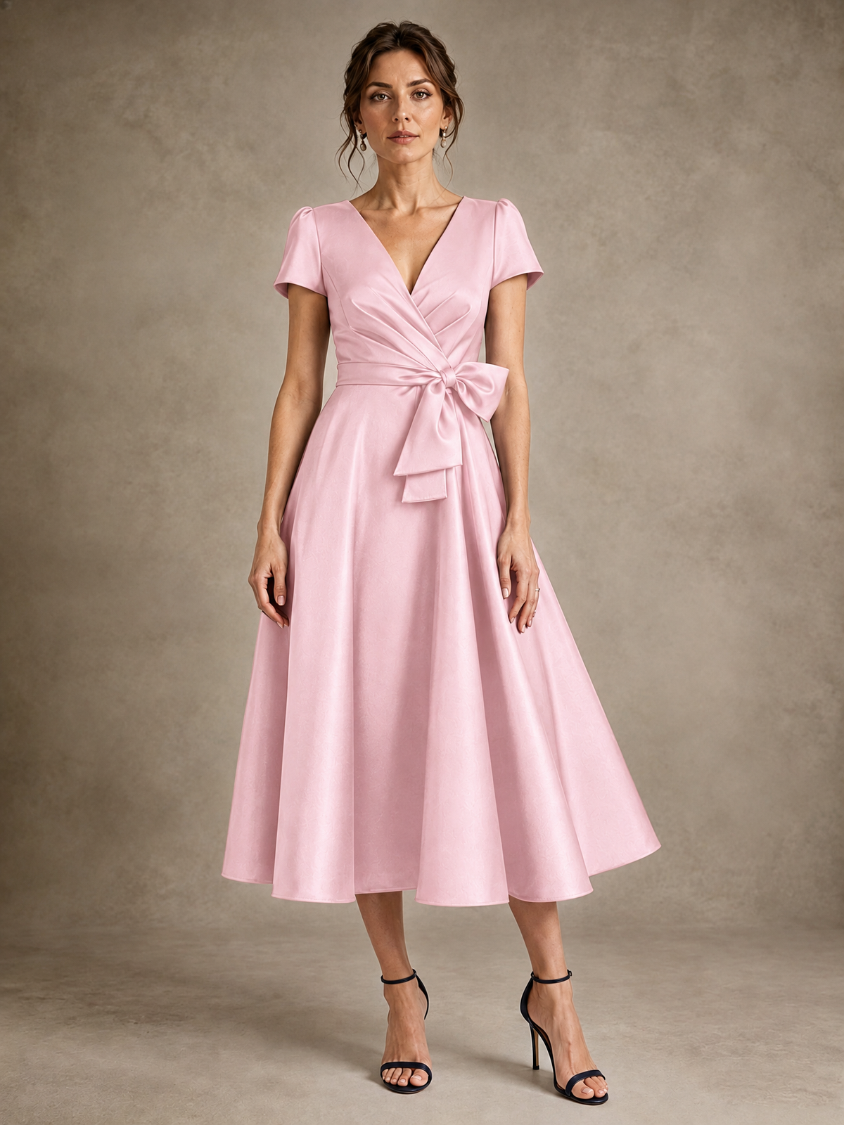 Blush Pink V-Neck Tea-Length Satin Mother of the Bride Dress with Bow Jovellee