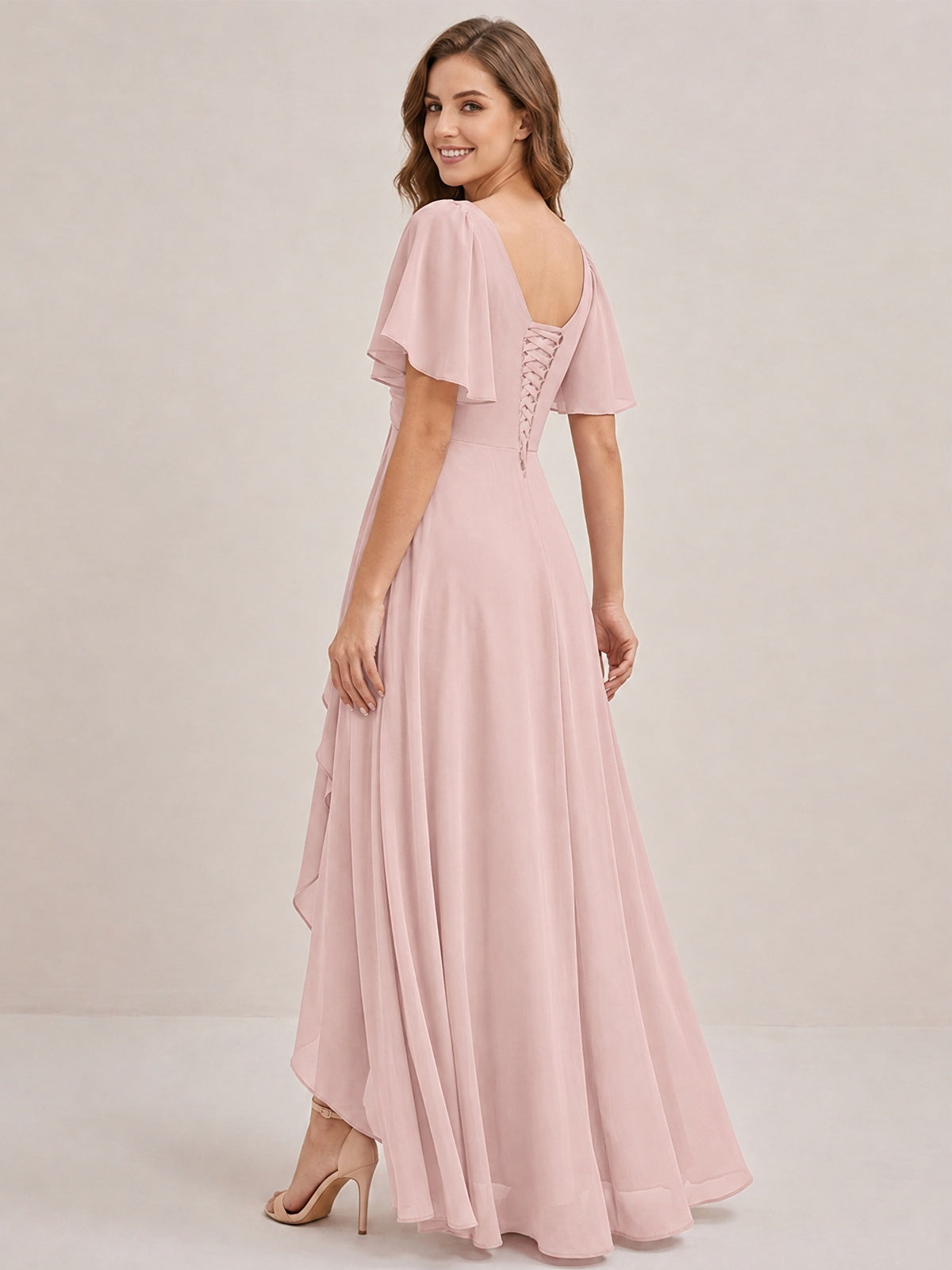 Dusty Blue Chiffon Bridesmaid Dress with Flutter Sleeves & High-Low Hem