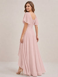 Dusty Blue Chiffon Bridesmaid Dress with Flutter Sleeves & High-Low Hem