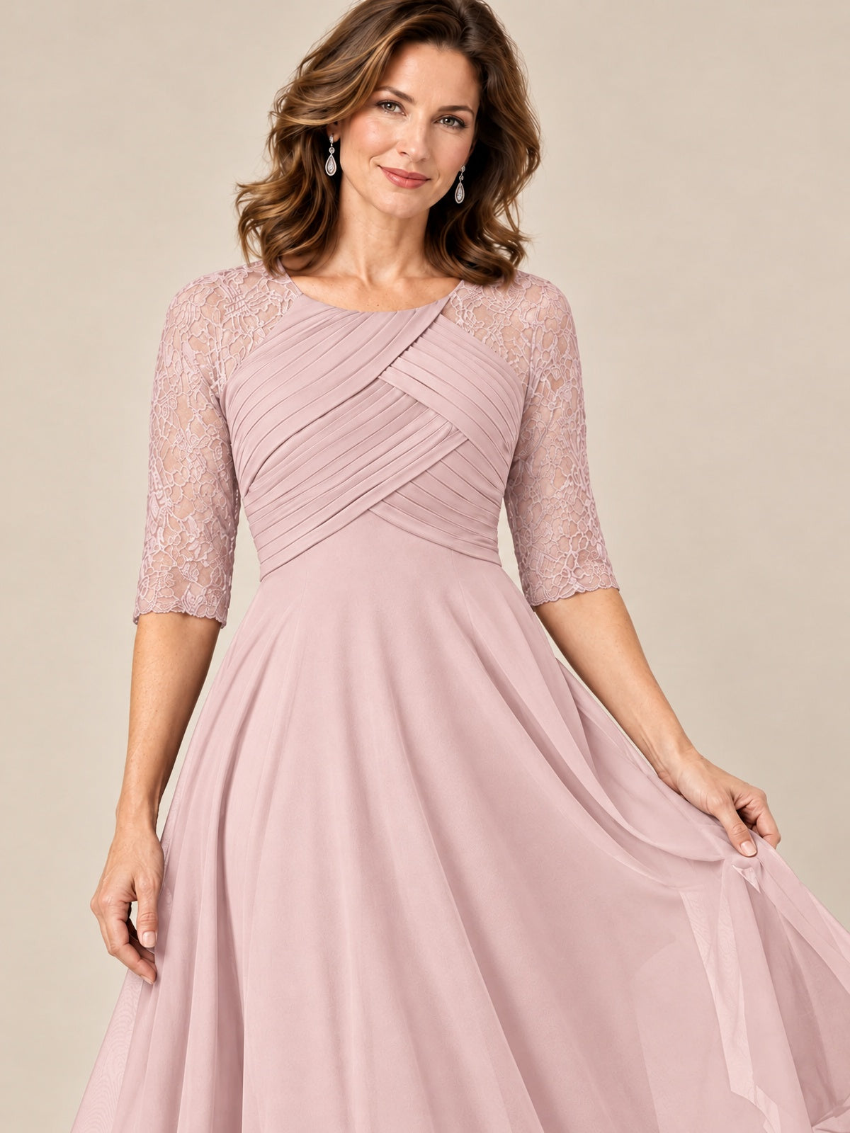 Tea-Length Mother of the Bride Dress with Lace 3/4 Sleeves