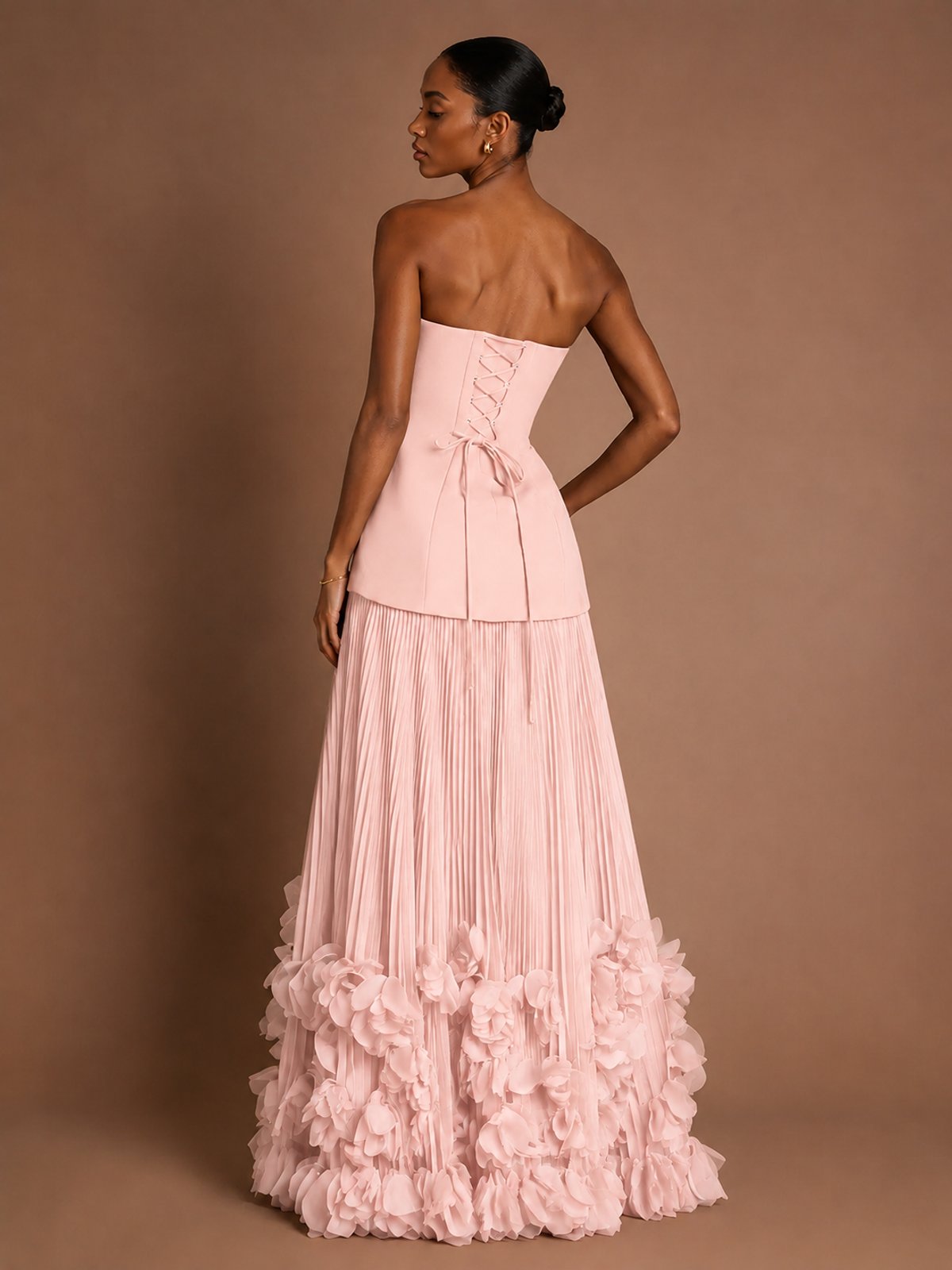 Strapless Pleated Floral Satin Formal Dress with Side Slit