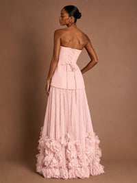 Strapless Pleated Floral Satin Formal Dress with Side Slit