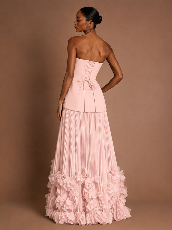 Strapless Pleated Floral Satin Formal Dress with Side Slit