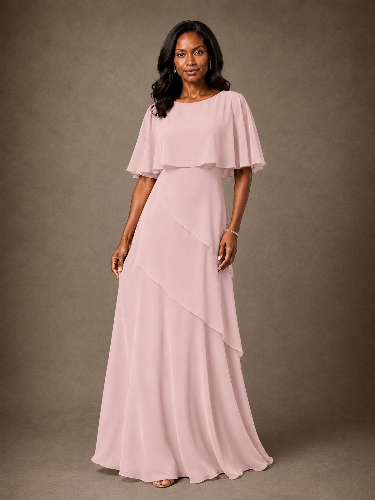 Taupe Chiffon A-Line Mother of the Bride Dress with Cape Sleeves