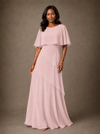 Taupe Chiffon A-Line Mother of the Bride Dress with Cape Sleeves