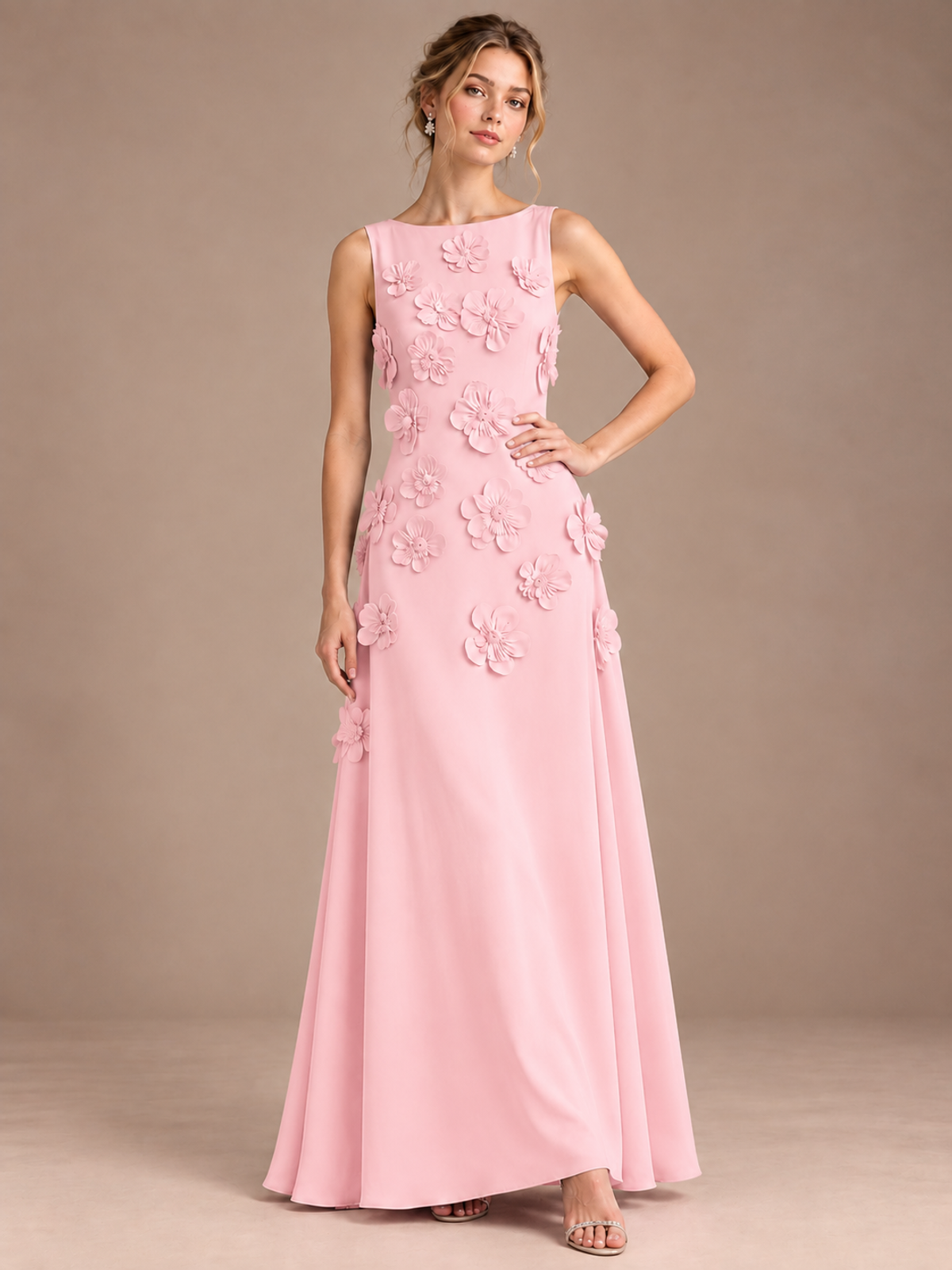 3D Floral Applique Sleeveless Formal Maxi Dress