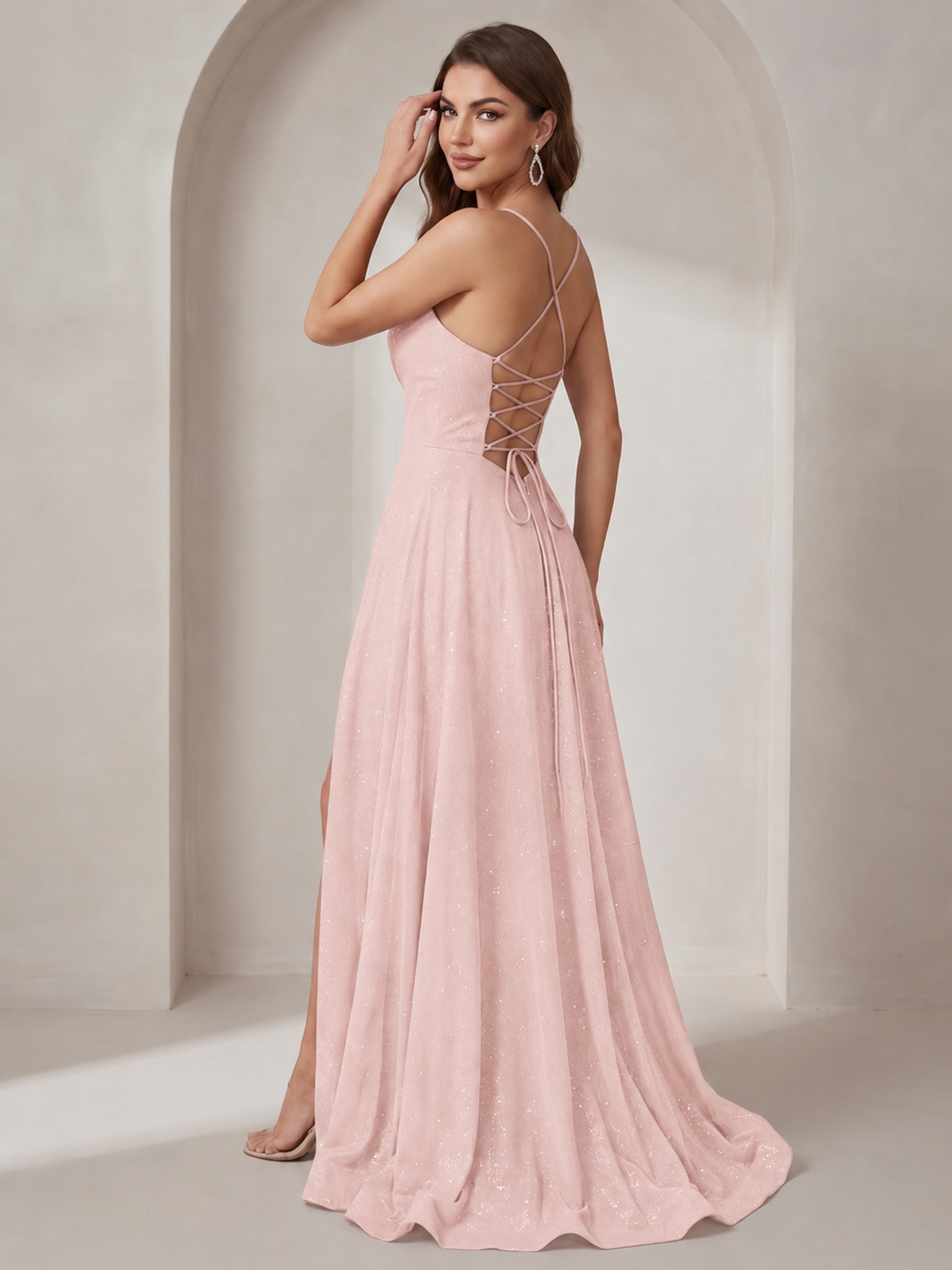 Sparkly Cowl Neck Corset Long Prom Dress with Slit A-line Tulle Ball Gown