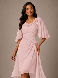 Cowl Neck Ruched Chiffon Mother of the Bride Dresses with Flutter Sleeves