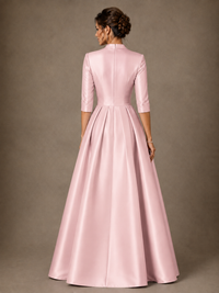 V-Neck Pleated Satin Mother of the Bride Gown with 3/4 Sleeves