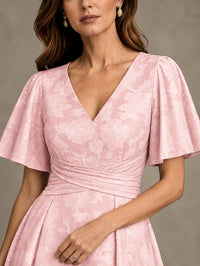 V-Neck Floral Jacquard Tea-Length Mother of the Bride Dress