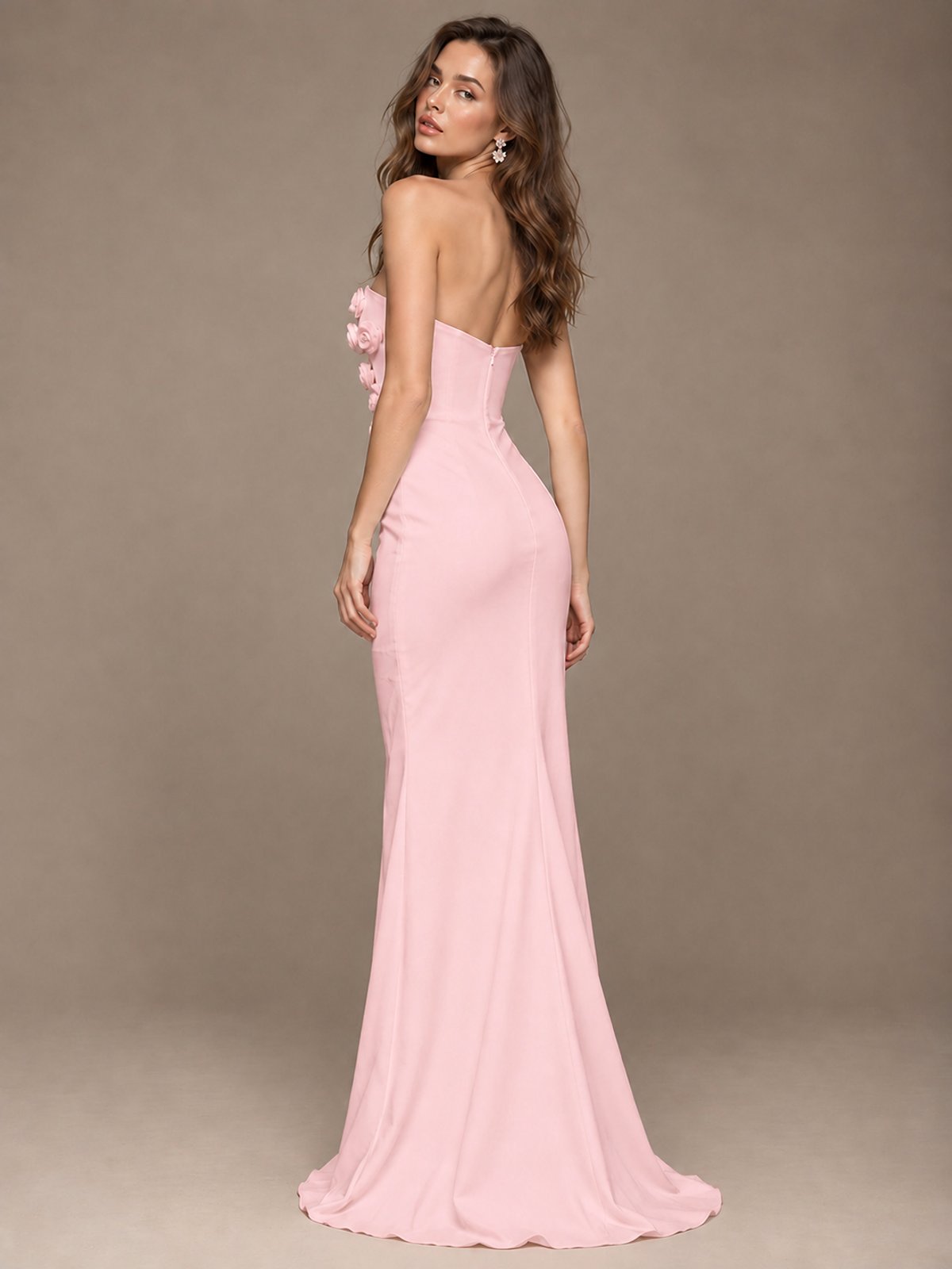 White Strapless Mermaid Maxi Dress with 3D Floral Appliques