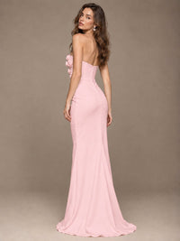 White Strapless Mermaid Maxi Dress with 3D Floral Appliques