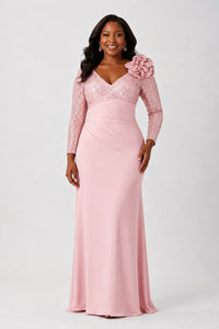 Sequin Mother of the Bride Dress with Long Sleeves 3D Floral V-Neck Gown