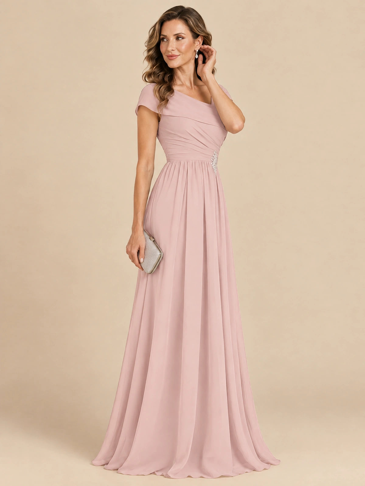 Cap Sleeve Mother of The Bride Dresses Long Chiffon Formal Gowns