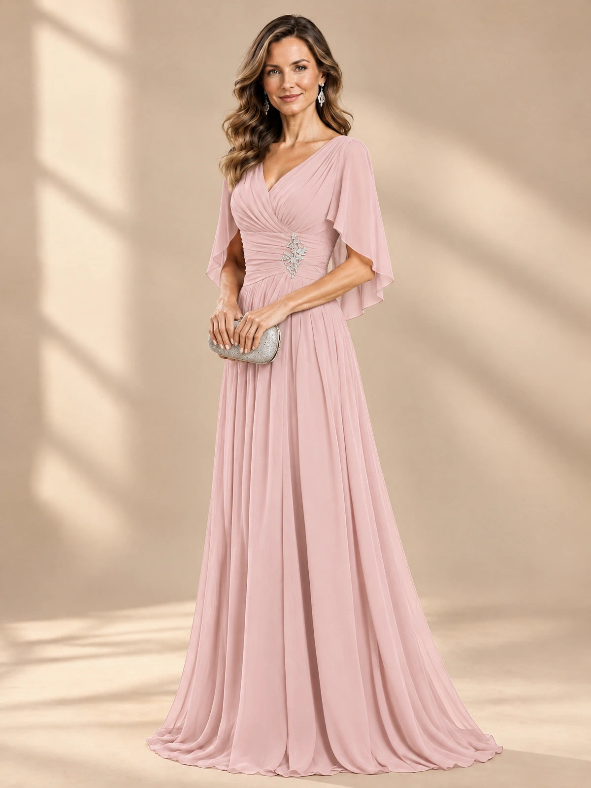 Ruched V Neck Mother of The Bride Dresses with Shawls Appliques and Cap Sleeves