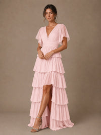 Chiffon V-Neck Tiered Ruffle Bridesmaid Dress with Slit