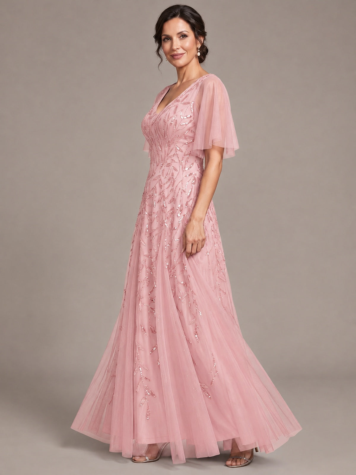 V-Neck Sequin Tulle Mother of the Bride Dress with Flutter Sleeve