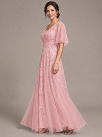 V-Neck Sequin Tulle Mother of the Bride Dress with Flutter Sleeve