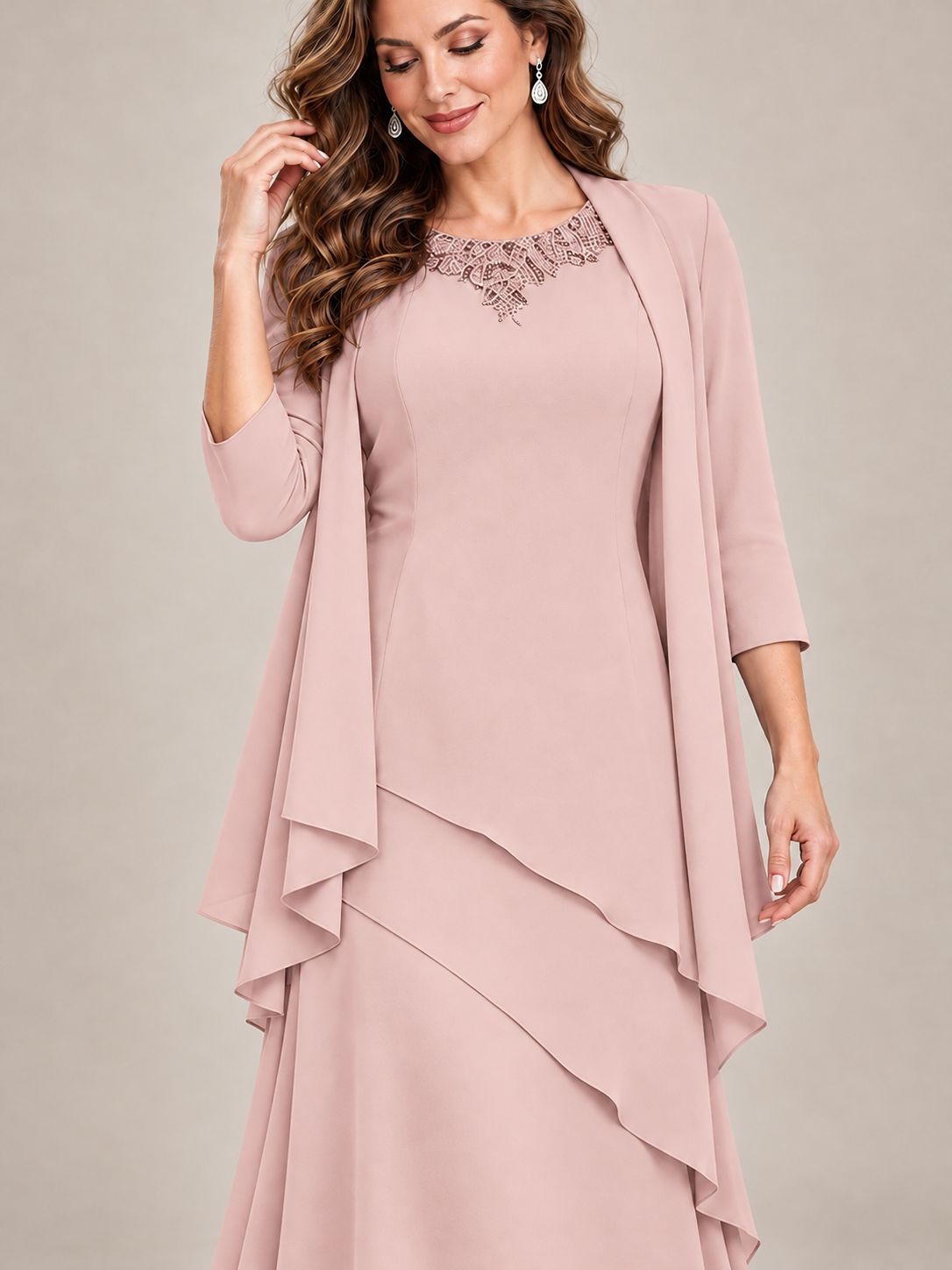 Dusty Blue Two-Piece Chiffon Mother of the Bride Dress with Jacket