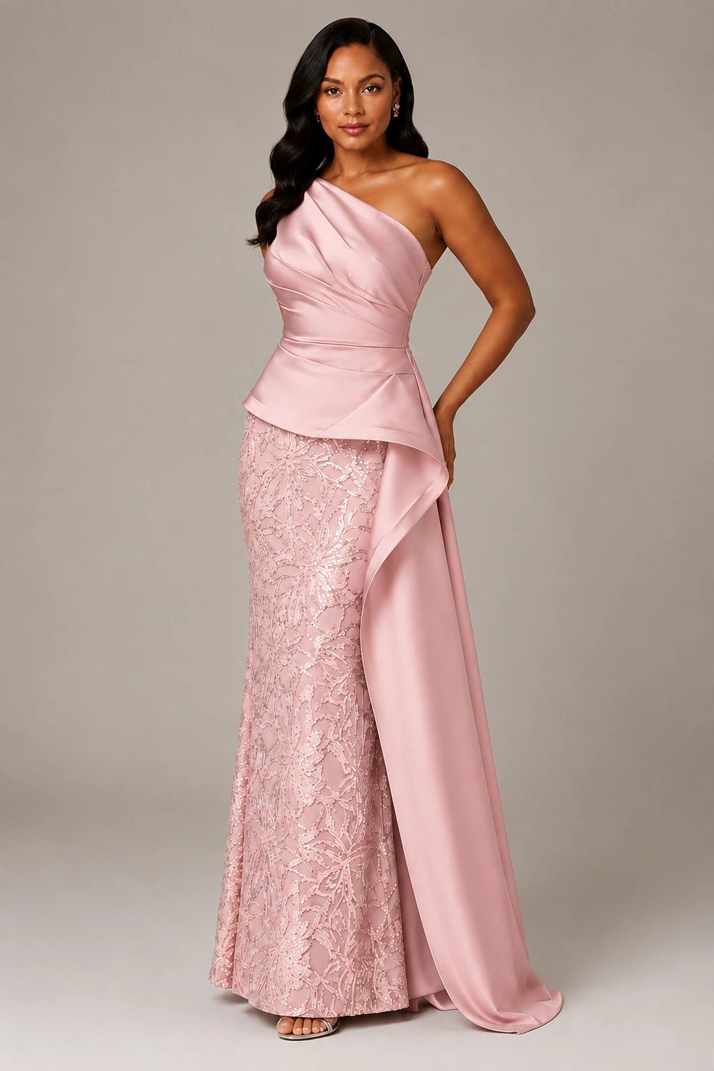 One-Shoulder Mother of the Bride Dress with Sequin Skirt and Peplum