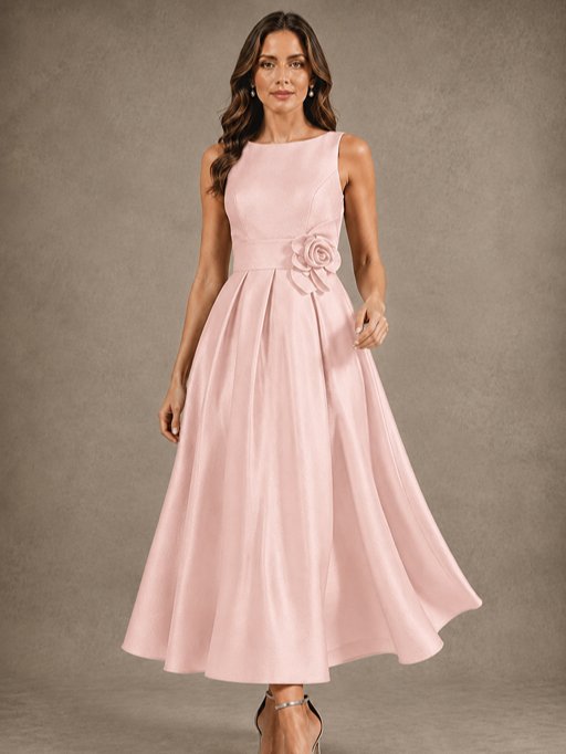 Tea-Length Satin Mother of the Bride Dress with 3D Flower Detail