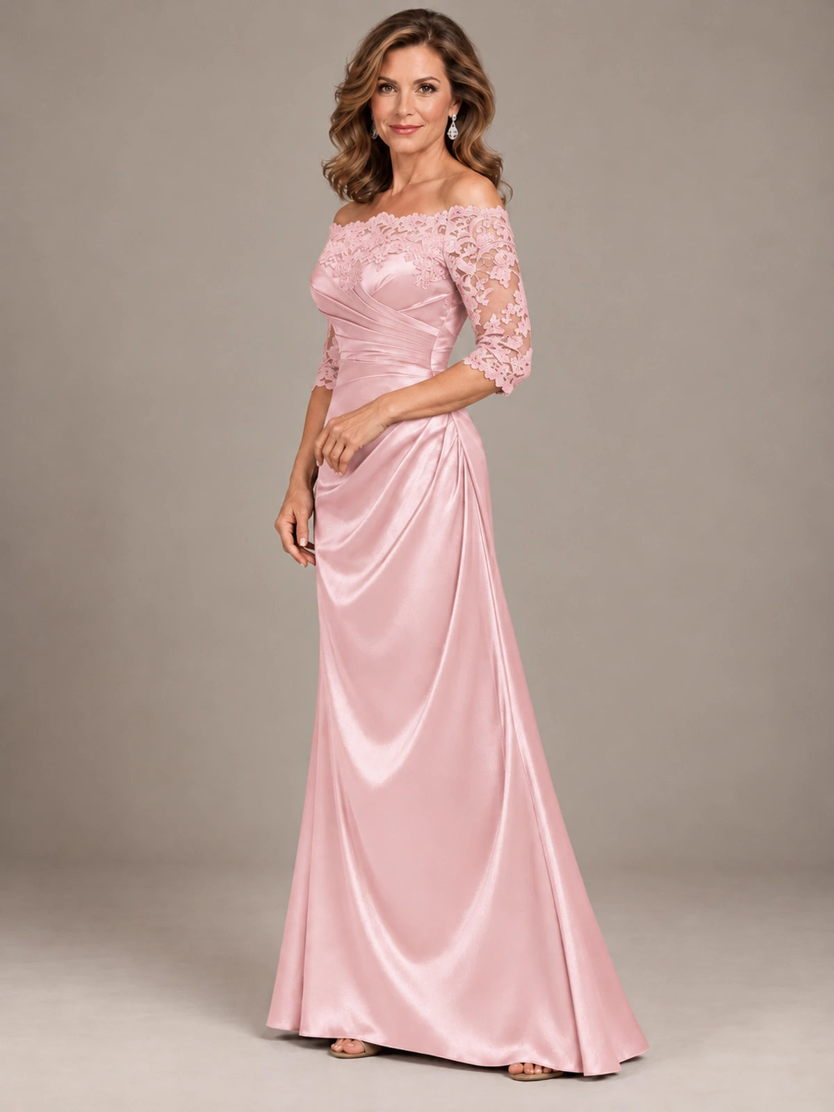 Satin Mother of the Bride Dress with Lace Sleeves Off Shoulder Formal Gown