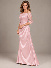 Satin Mother of the Bride Dress with Lace Sleeves Off Shoulder Formal Gown