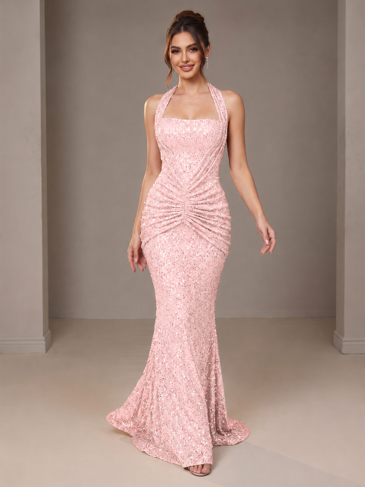 Gold Halter Sequin Mermaid Ruched Prom Dress Long Ruched Evening Gown