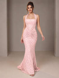 Gold Halter Sequin Mermaid Ruched Prom Dress Long Ruched Evening Gown