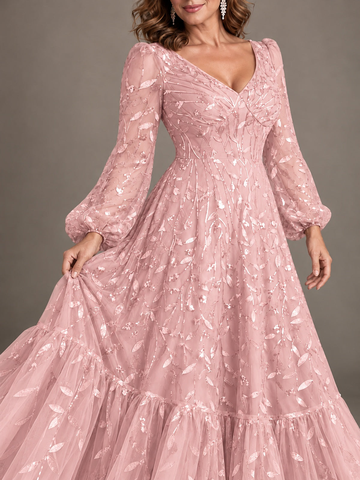 Floral Sequin Embroidered A-Line Mother of the Bride Dress with Long Sleeves