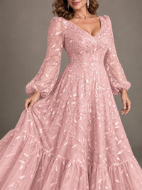 Floral Sequin Embroidered A-Line Mother of the Bride Dress with Long Sleeves