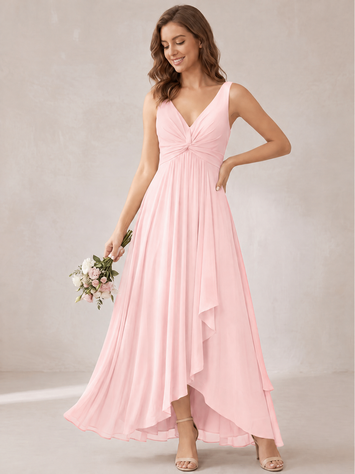 V-Neck High-Low Chiffon Bridesmaid Dress with Ruffles