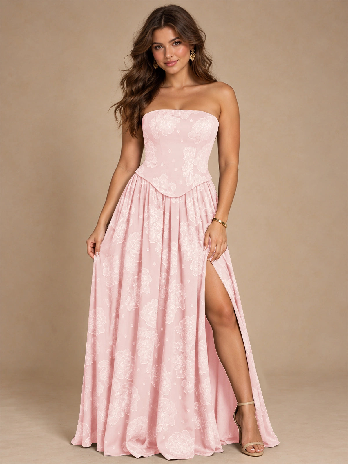 Chocolate Brown Floral Strapless Corset A-Line Evening Gown with Slit