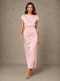 Cowl Neck Satin Mother of the Bride Dress with Ruched Waist