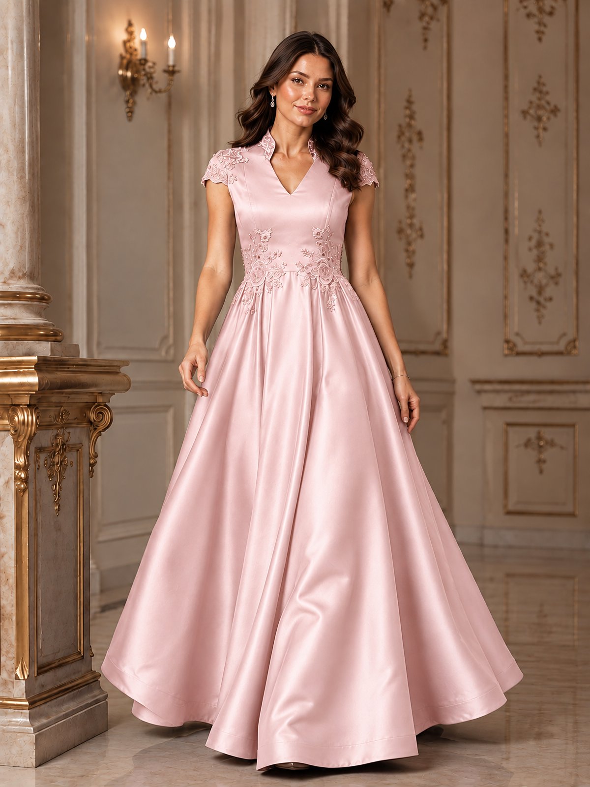 Lace Appliqué A-Line Satin Maxi Dress