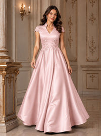 Lace Appliqué A-Line Satin Maxi Dress