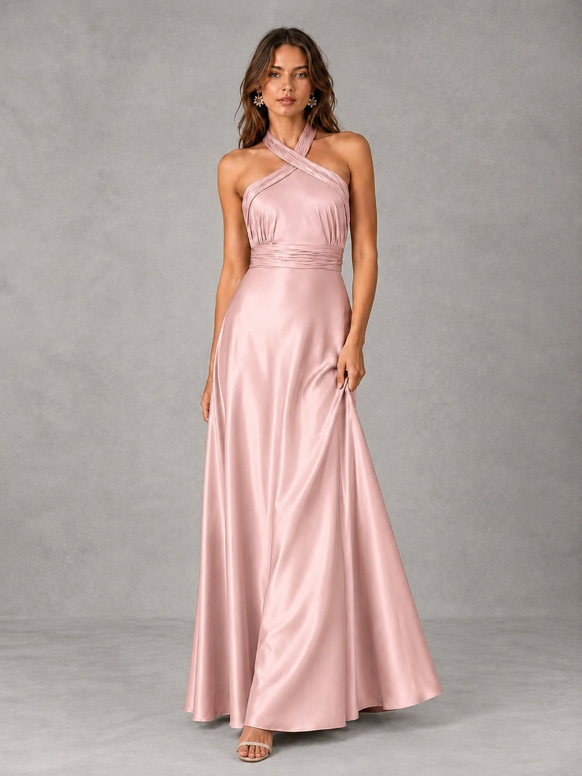 Sage Green Satin A-Line Bridesmaid Dress with Halter Neck